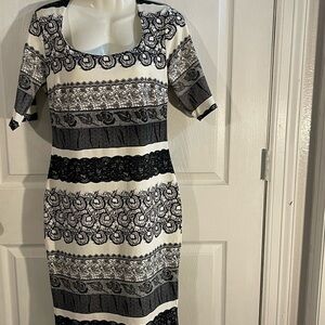 Karl Lagerfeld Black and White Lace Stripe Midi Dress